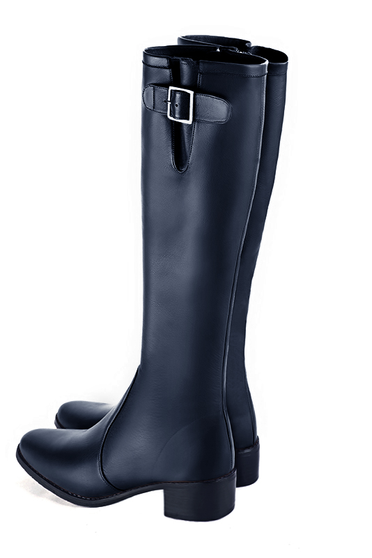 Navy blue women's knee-high boots with buckles. Round toe. Low leather soles. Made to measure. Rear view - Florence KOOIJMAN